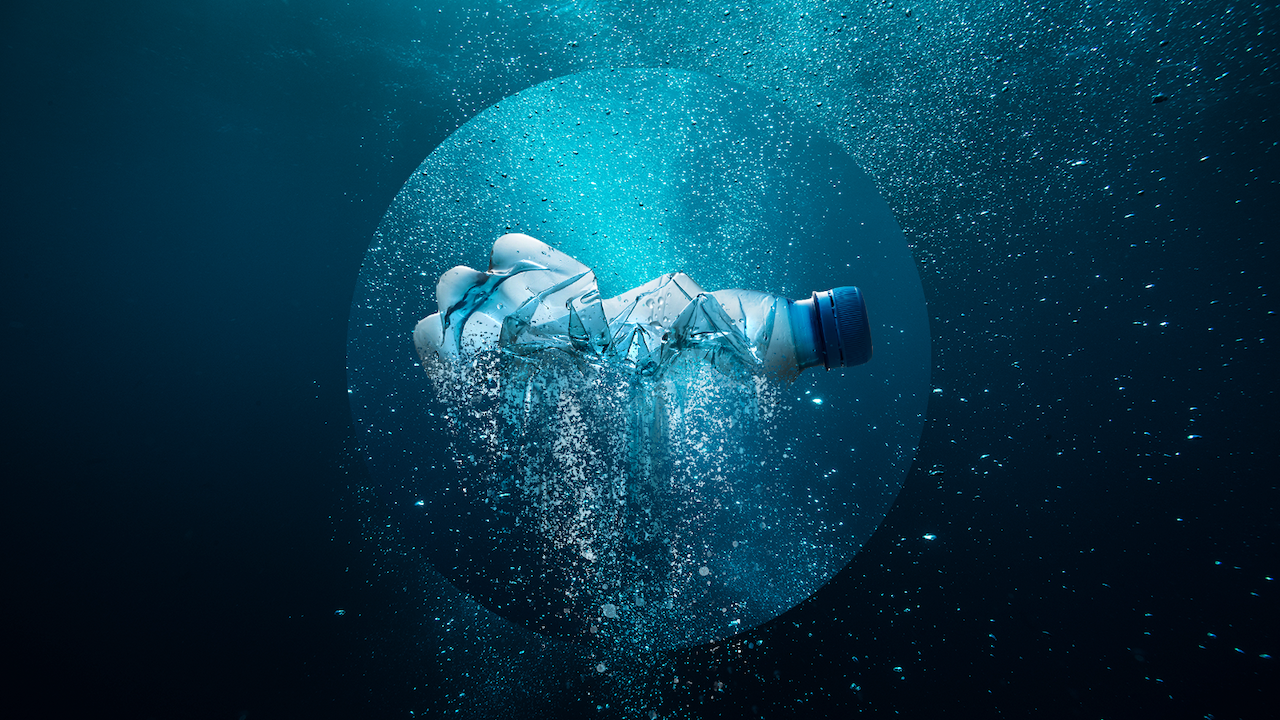 A water bottle dissolves into microplastics in the ocean