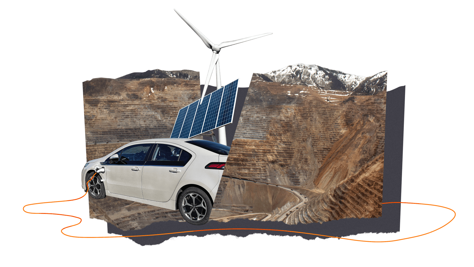 Collage: a hardrock mine with mountains in the background with objects coming out of the center: a solar panel, a wind turbine, and an electric car with a long orang electric cord plugged into it and winding around the mountain