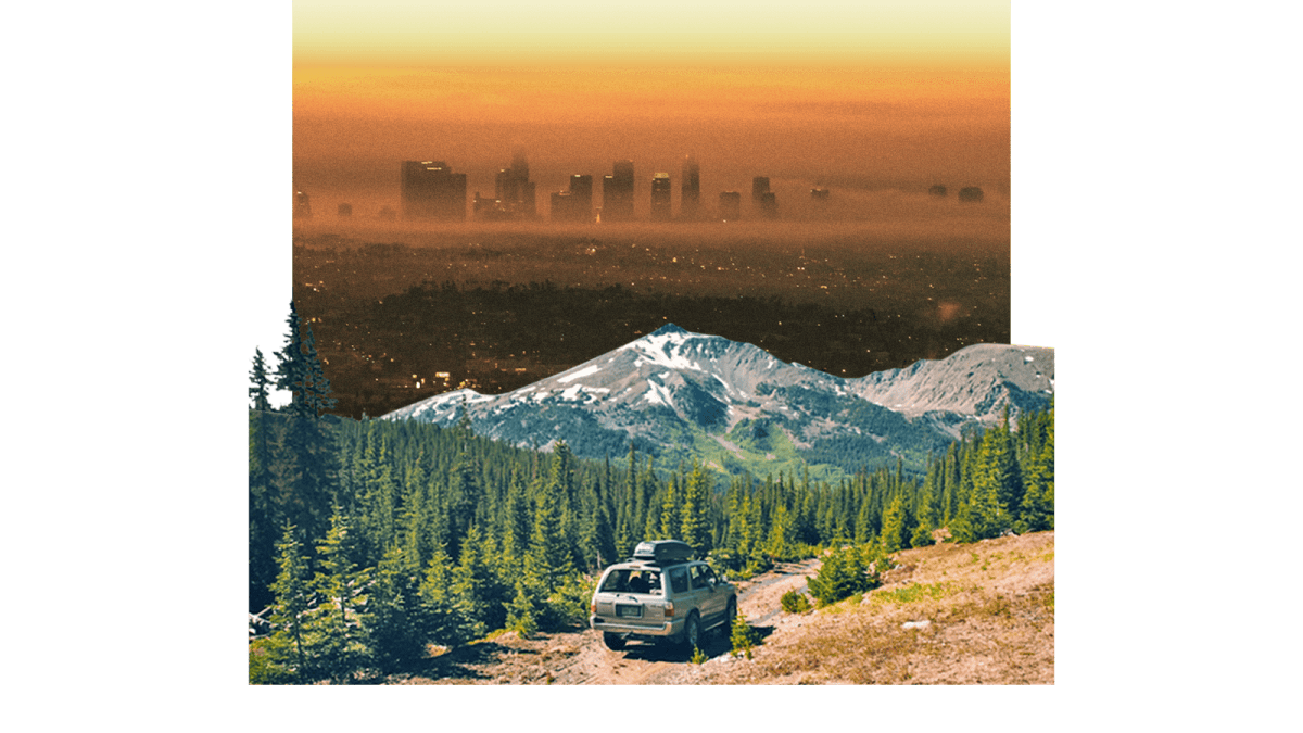 Collage: SUV driving in nature with trees and mountains in distance, with a photo of a smog covered city rising beyond the mountains