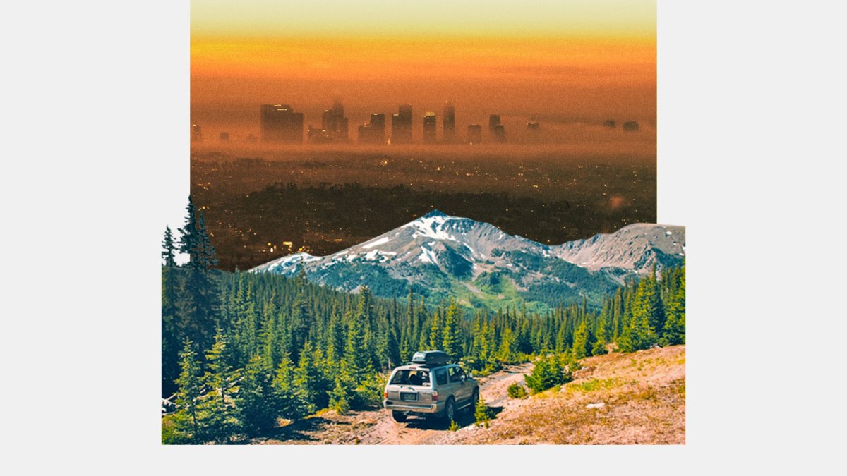 Collage: SUV driving in nature with trees and mountains in distance, with a photo of a smog covered city rising beyond the mountains