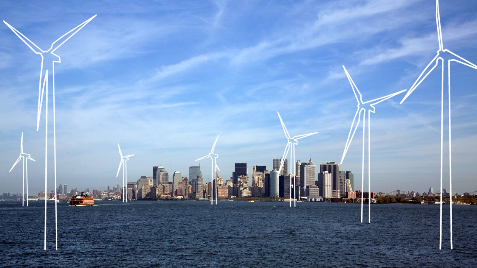 Ilustração do parque eólico offshore no porto de Nova York.