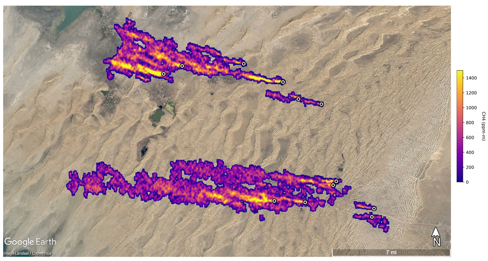 Twelve plumes of methane that were detected by NASA’s Earth Surface Mineral Dust Source Investigation tool east of Hazar, Turkmenistan, a port city on the Caspian Sea.