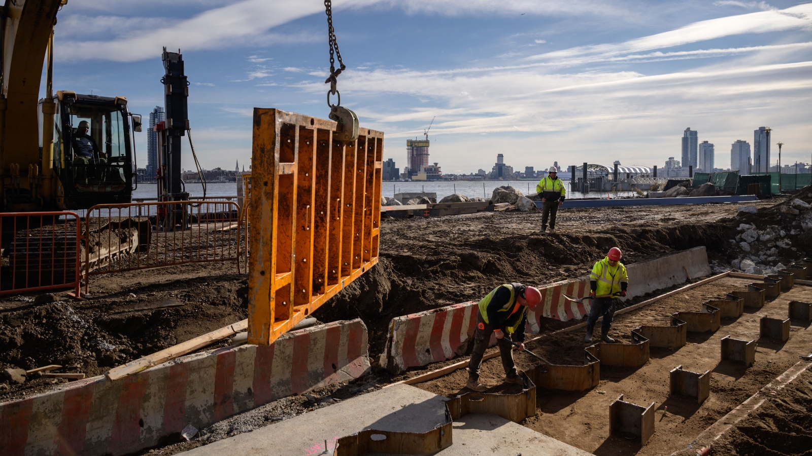 Construction workers at the site of a flood defense project on the east side of Manhattan.
