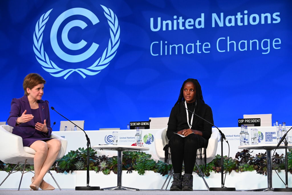 Scottish First Minister Nicola Sturgeon and climate activist Vanessa Nakate speak during the Global Climate Action event on November 11, 2021 in Glasgow, Scotland.