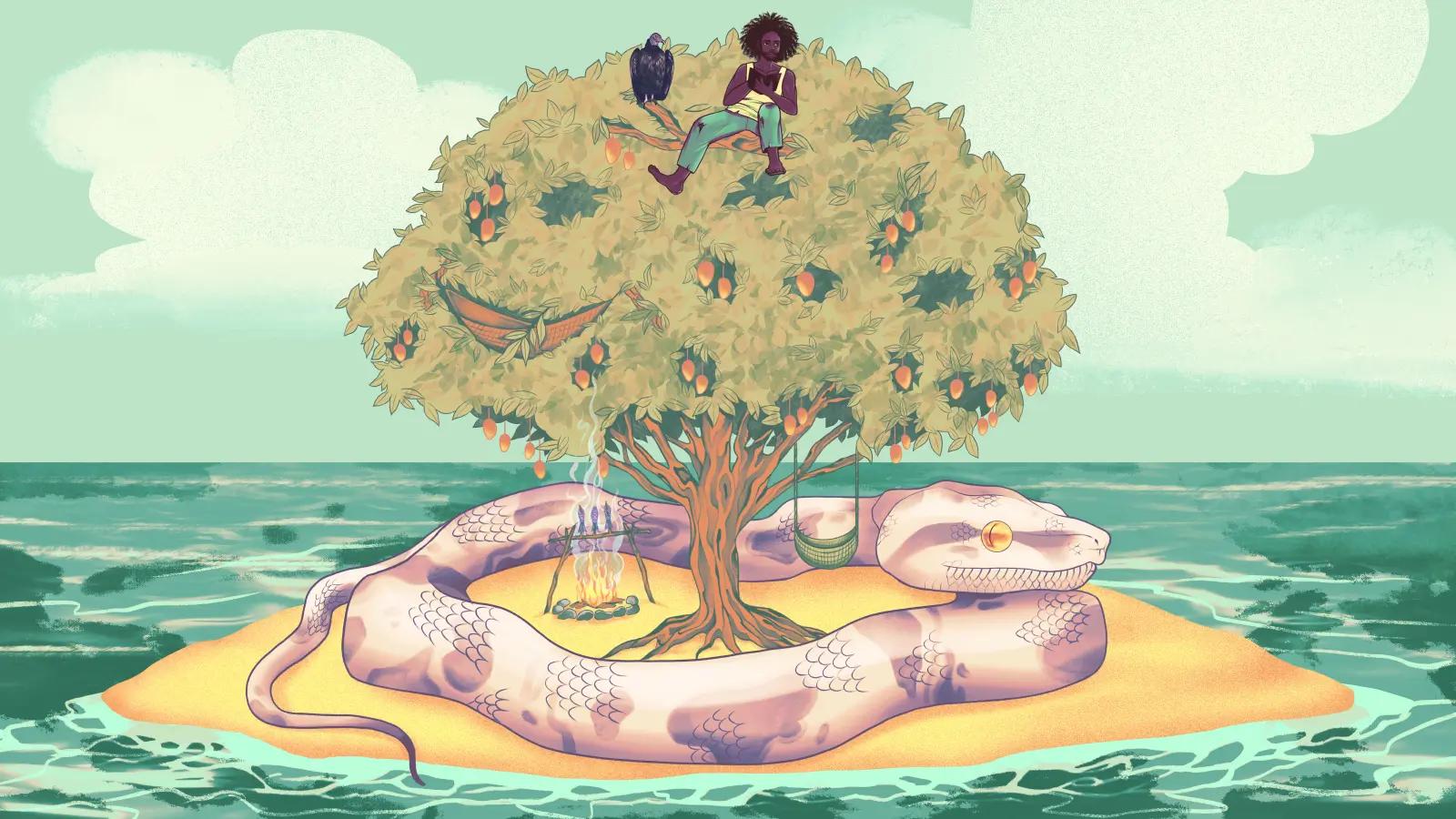 Illustration: A Black man in tattered clothes sits atop a tree in the middle of a small island. A black bird sits next to him and an unrealistically large purple snake with yellow eyes encircles the tree.