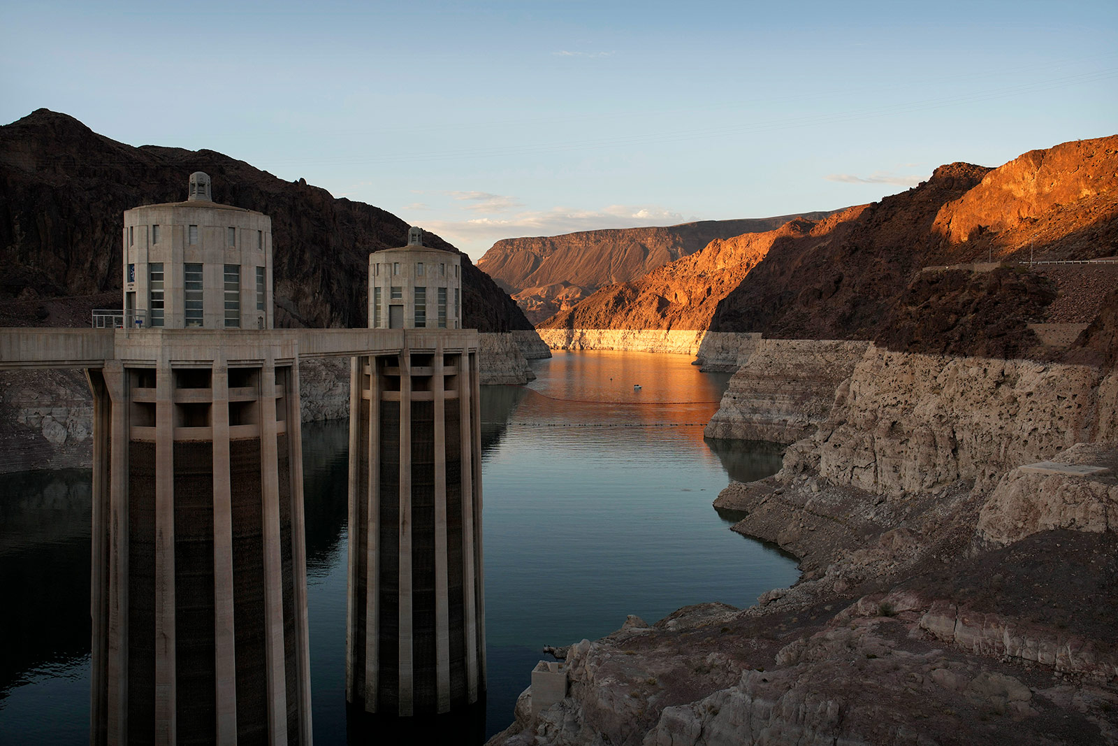 The high water line of Lake Mead near water intakes on the Arizona side of Hoover Dam