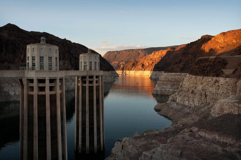 The high water line of Lake Mead near water intakes on the Arizona side of Hoover Dam