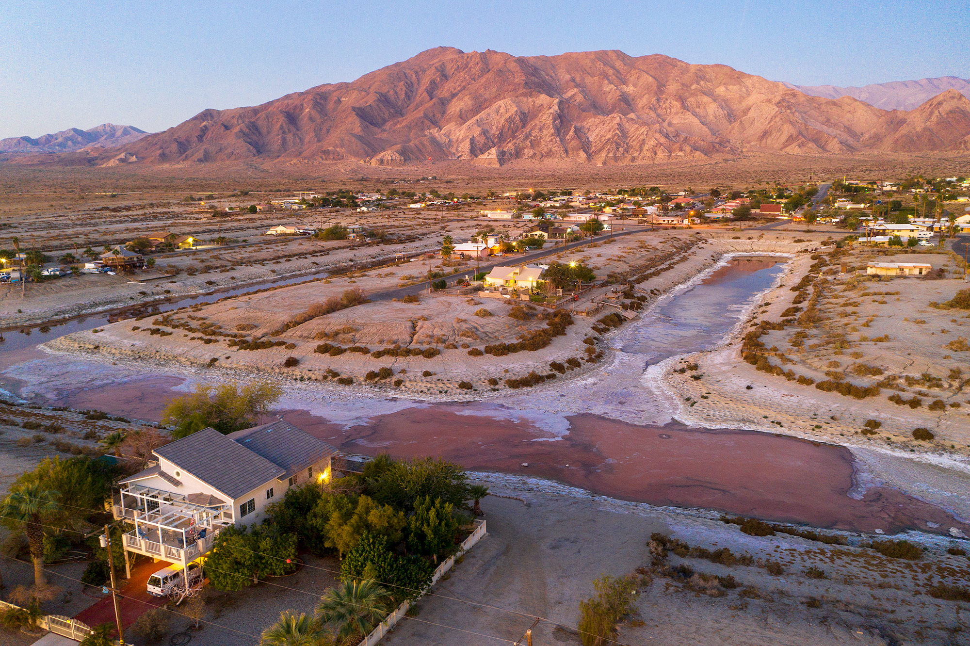 An overhead view of marinas that have become landlocked as the Salton Sea evaporates