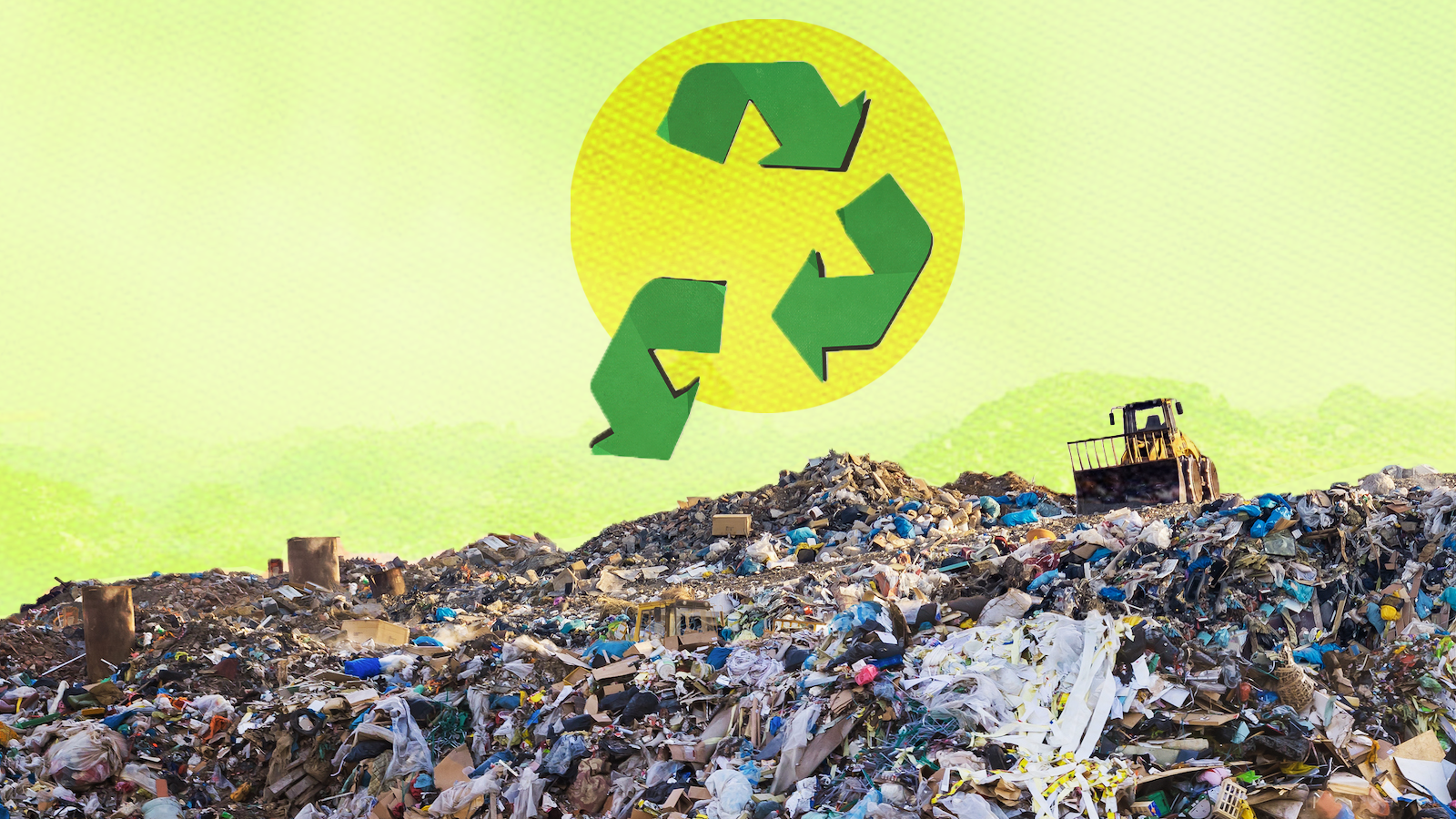 Recycling symbol points toward a landfill