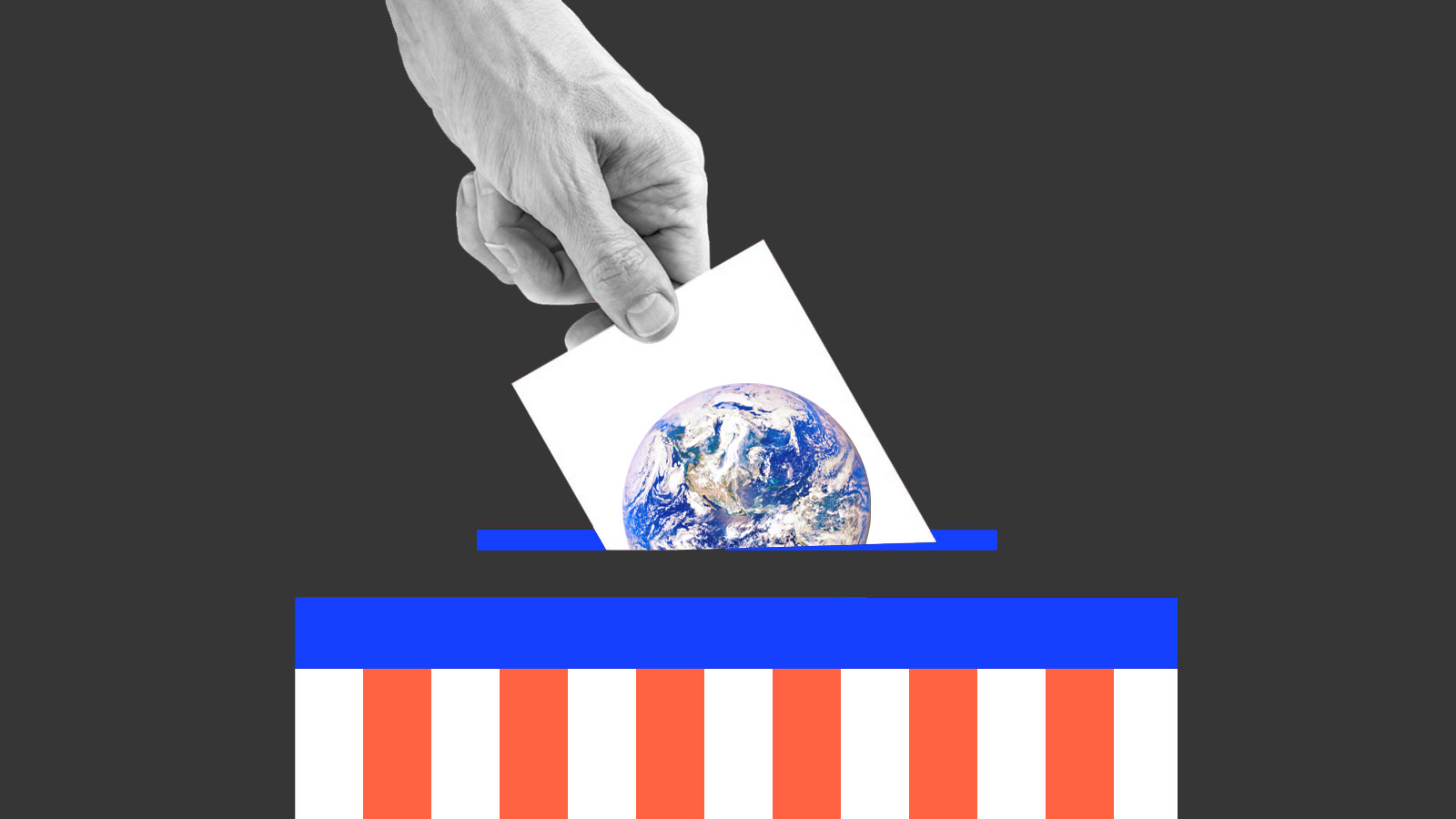 Hand putting ballot with Earth printed on it into blue and red and white striped box