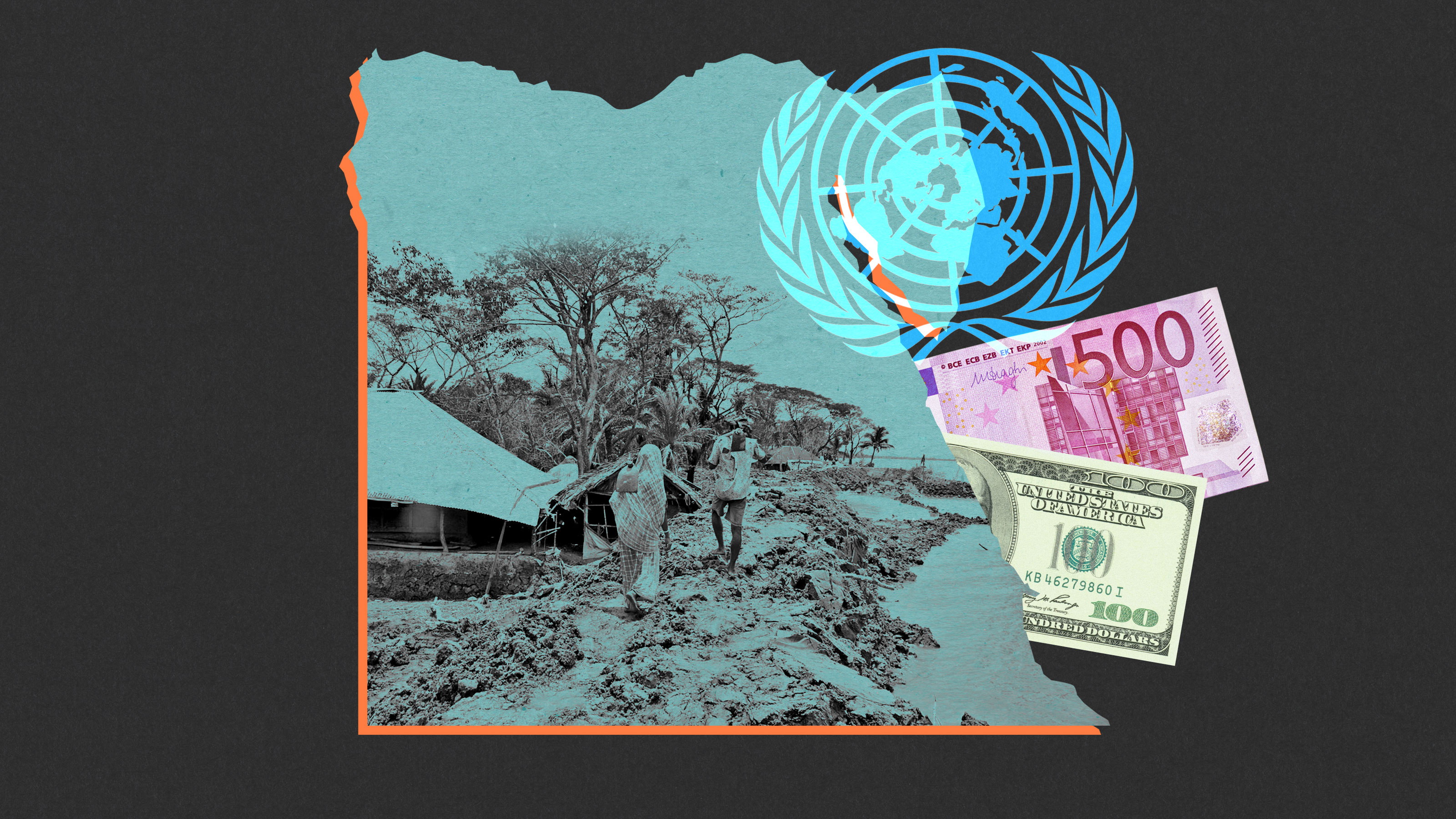 Collage: Shape of Egypt with photo of flooding in Bangladesh; 100 dollar US bill; 500 Euro bill; the United Nations logo