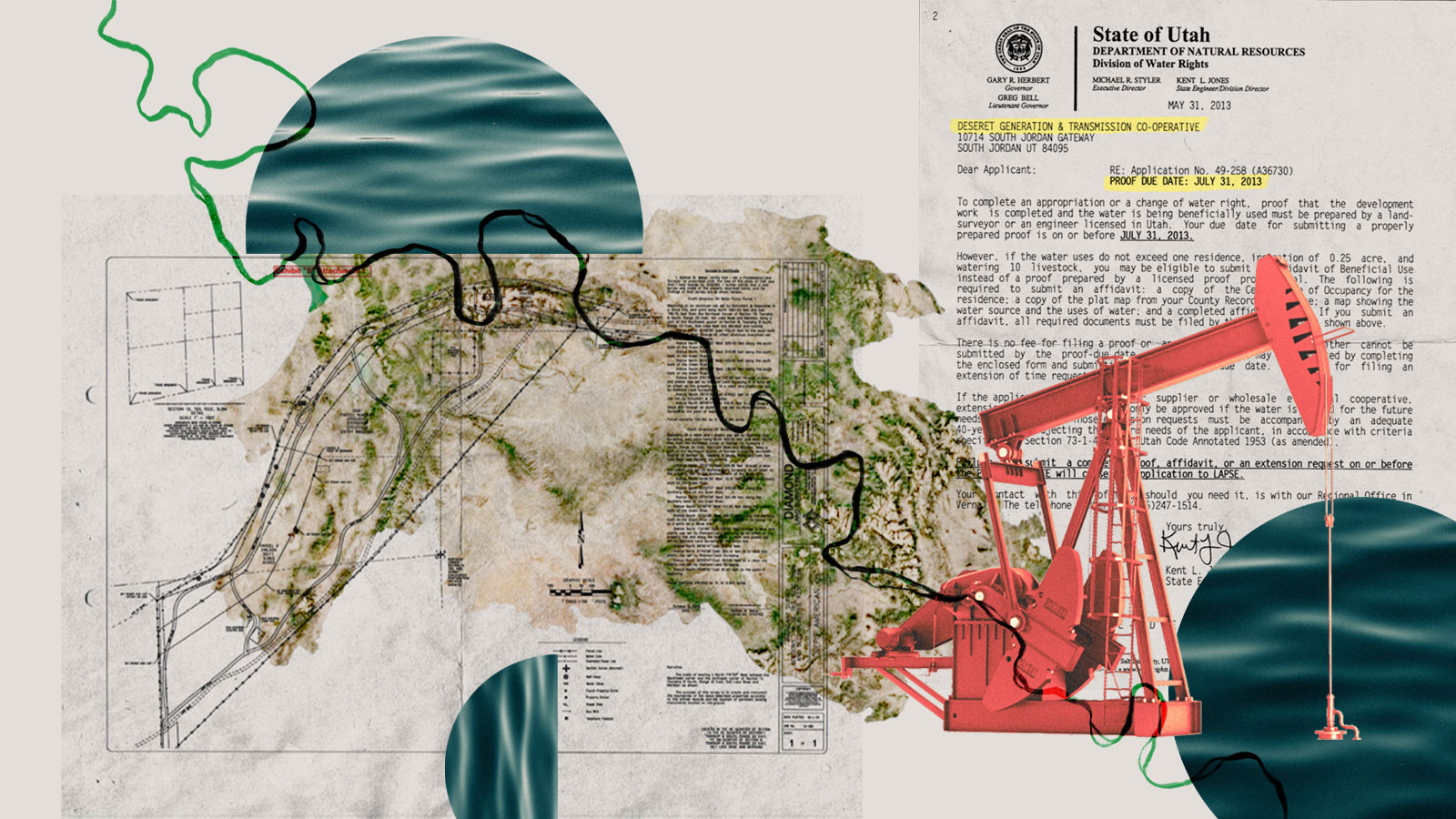 Collage: paperwork, half circle cutouts of water, an oil pumpjack, and a drawn river on top