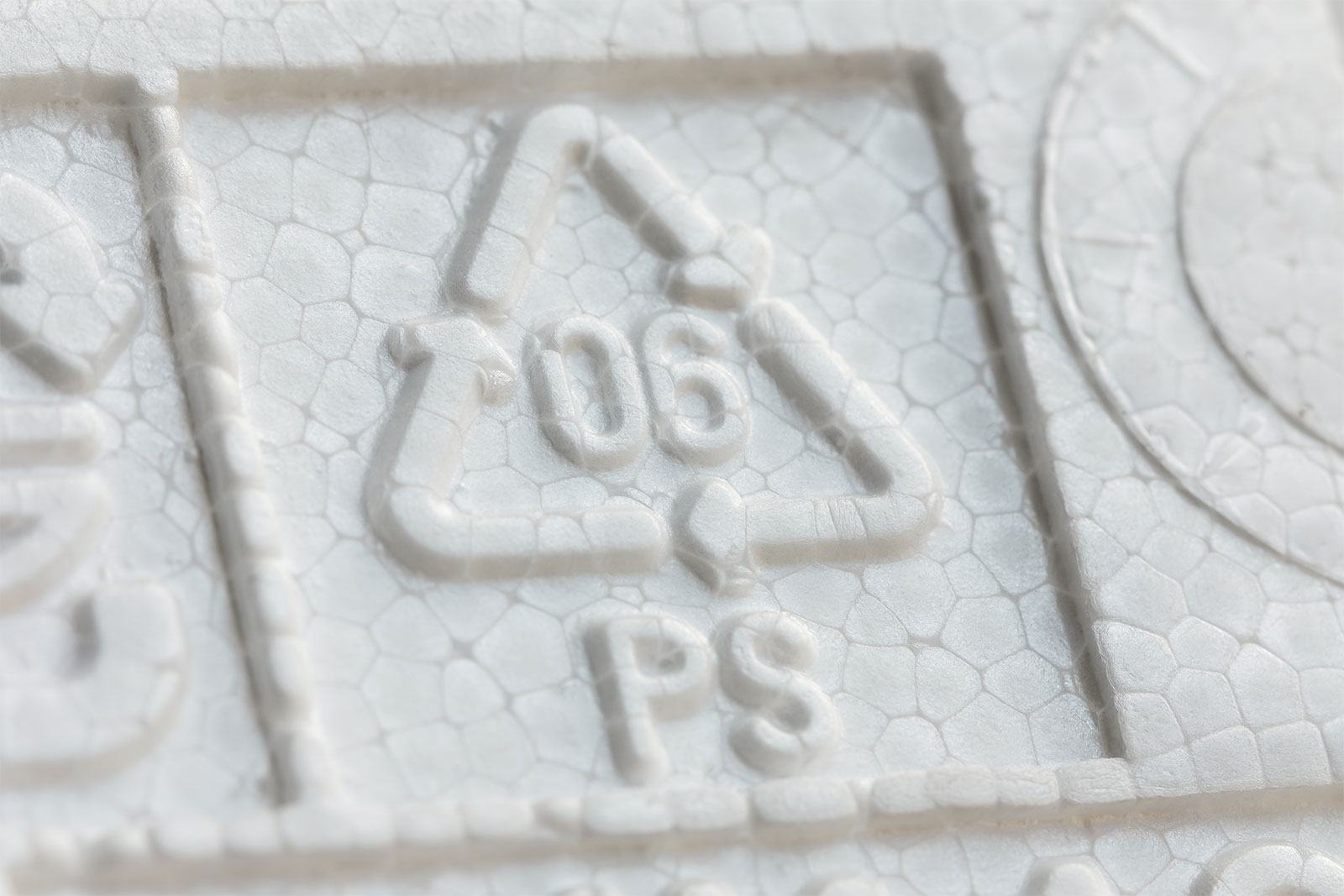 Close up of styrofoam PS 06 recycling label