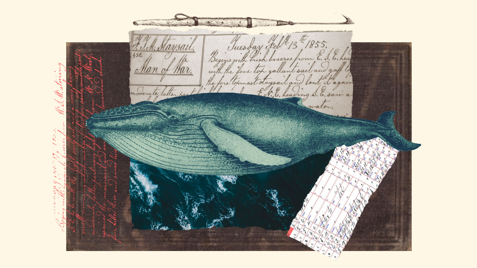 Collage: old fabric book cover with cutouts of a whale illustration, the ocean surface, and excerpts from a whaling logbook