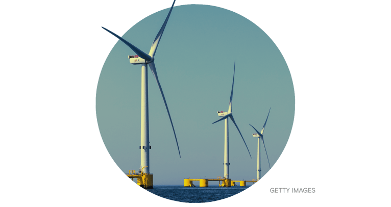 View of three wind turbines off the coast of Viana do Castelo, Portugal