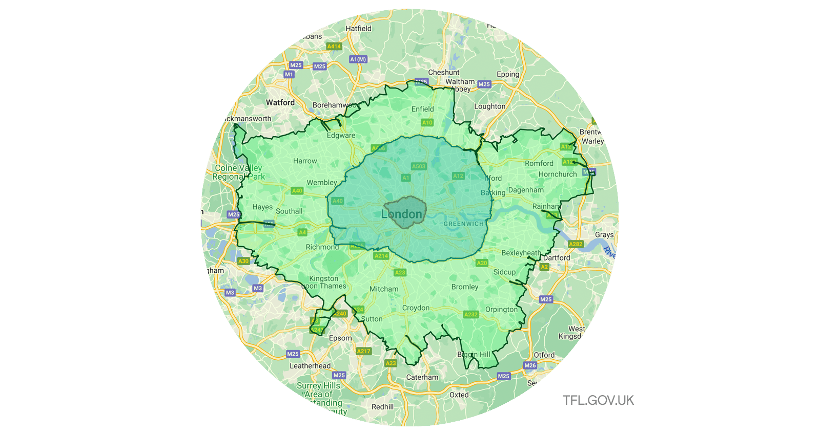 Map showing the planned expansion of London's Ultra Low Emission Zone