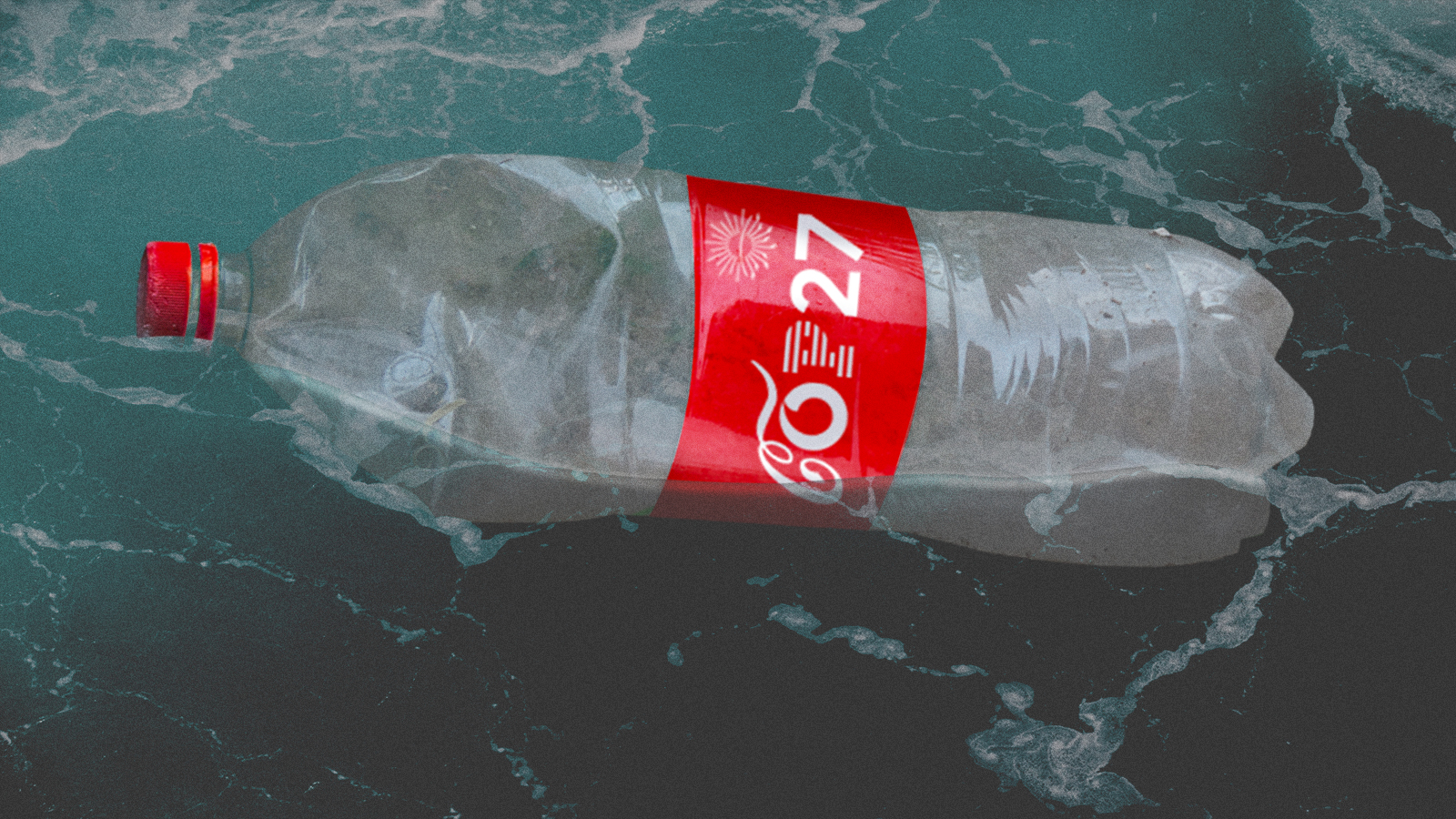 Photoshopped Coke bottle with COP27 logo on it floating in water