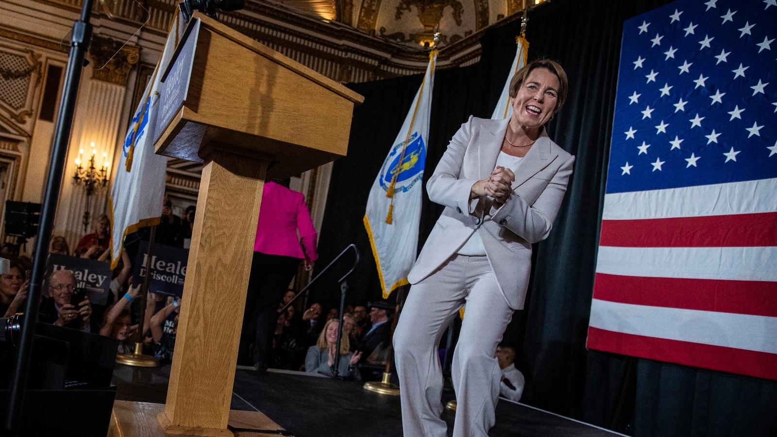 Maura Healey speaks to attendees of the Massachusetts Democratic Party's election-night event.