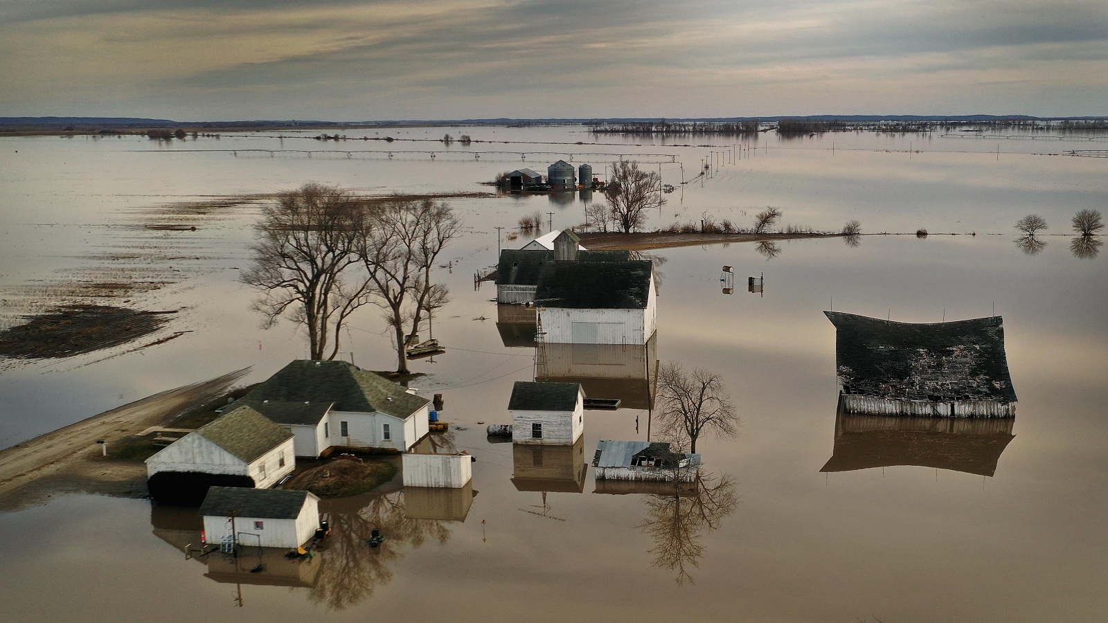 Floodwater surrounds a farm near Craig, Missouri.