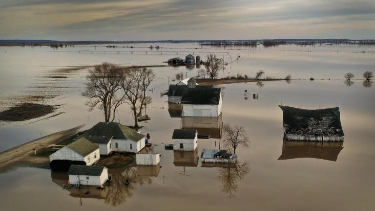 Floodwater surrounds a farm near Craig, Missouri.
