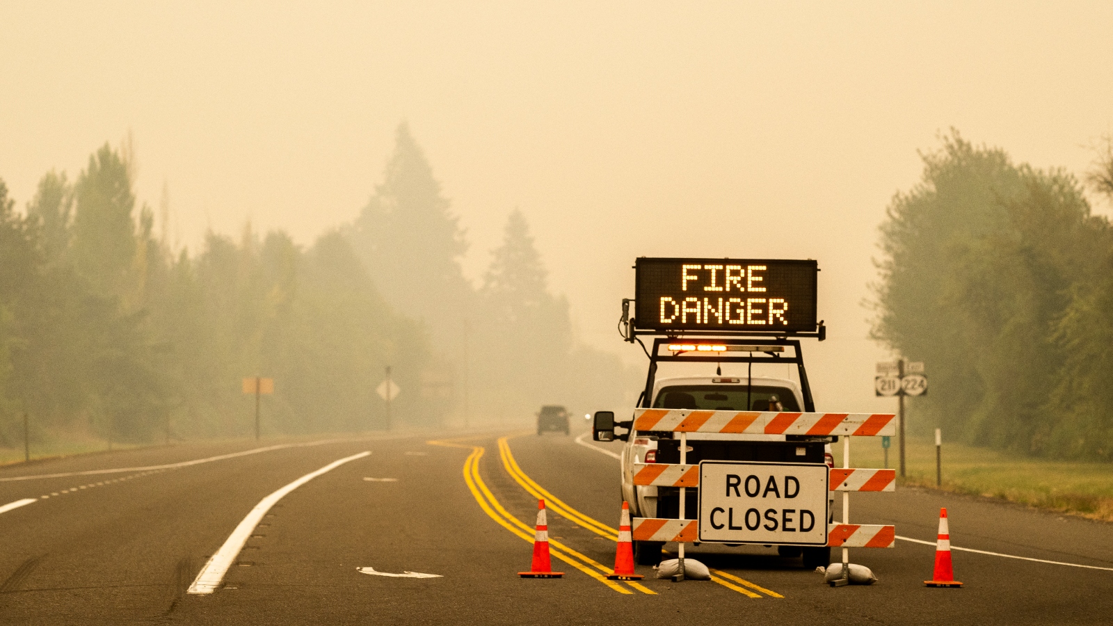 A sign warning of impending fire danger is posted in Estacada, Oregon.