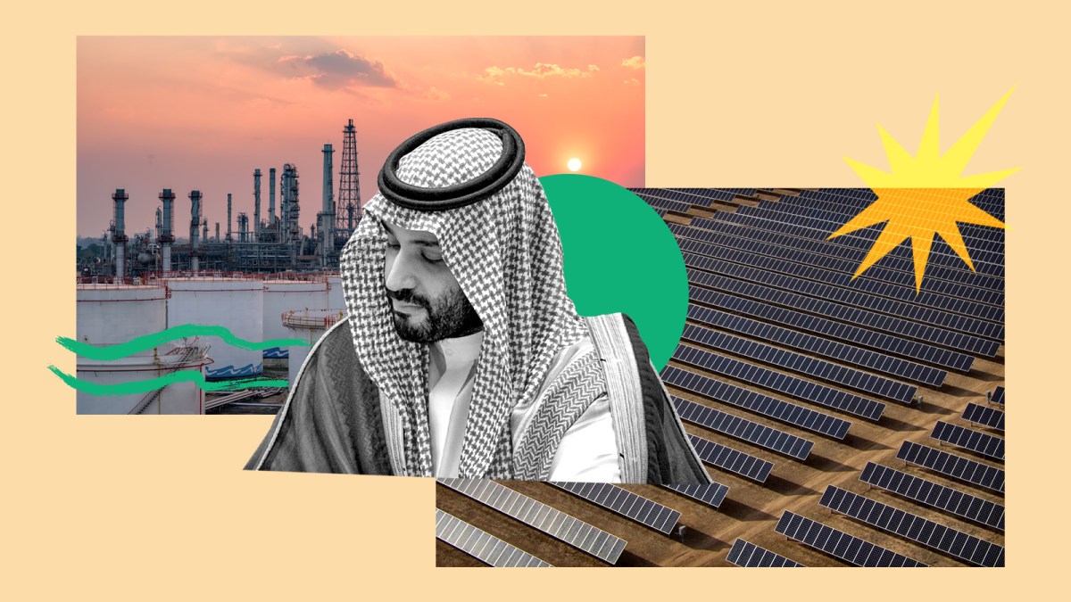 Collage: Oil refinery with sunset; crown prince and prime minister of Saudi Arabia Mohammed Bin Salman; a field of solar panels, and colorful green and yellow graphics on top