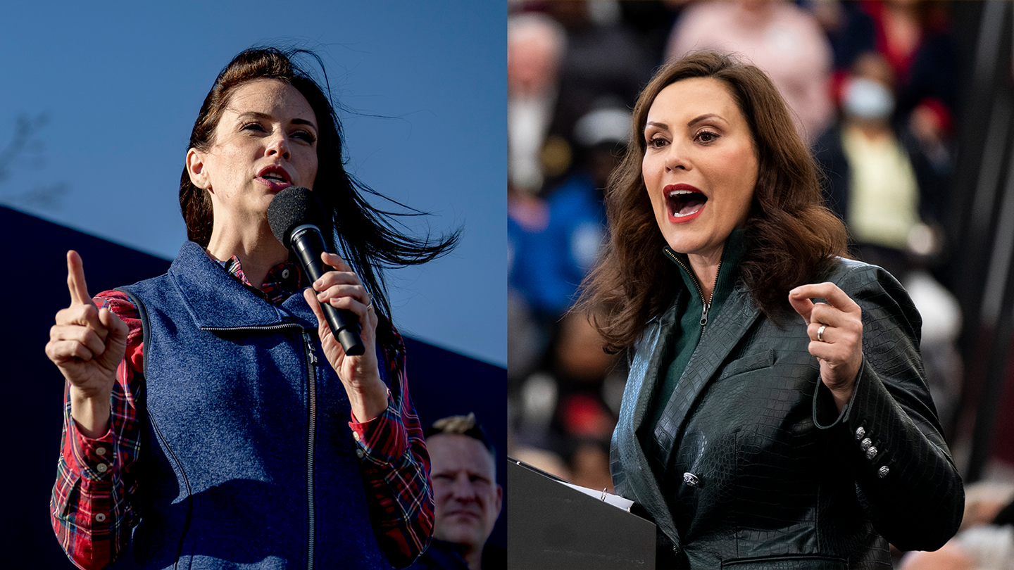 In the left frame, woman in a blue shirt holds a microphone. In the right frame, a woman with brown hair and a black suit speaks in front of a crowd.