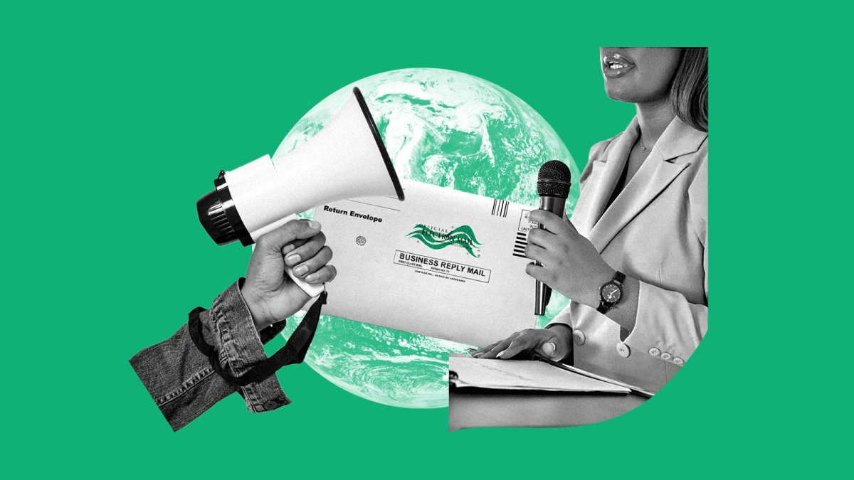 Collage: black and white photos of a hand holding a megaphone; an election ballot envelope; a woman holding a microphone at a podium; and planet Earth on top of a green solid background