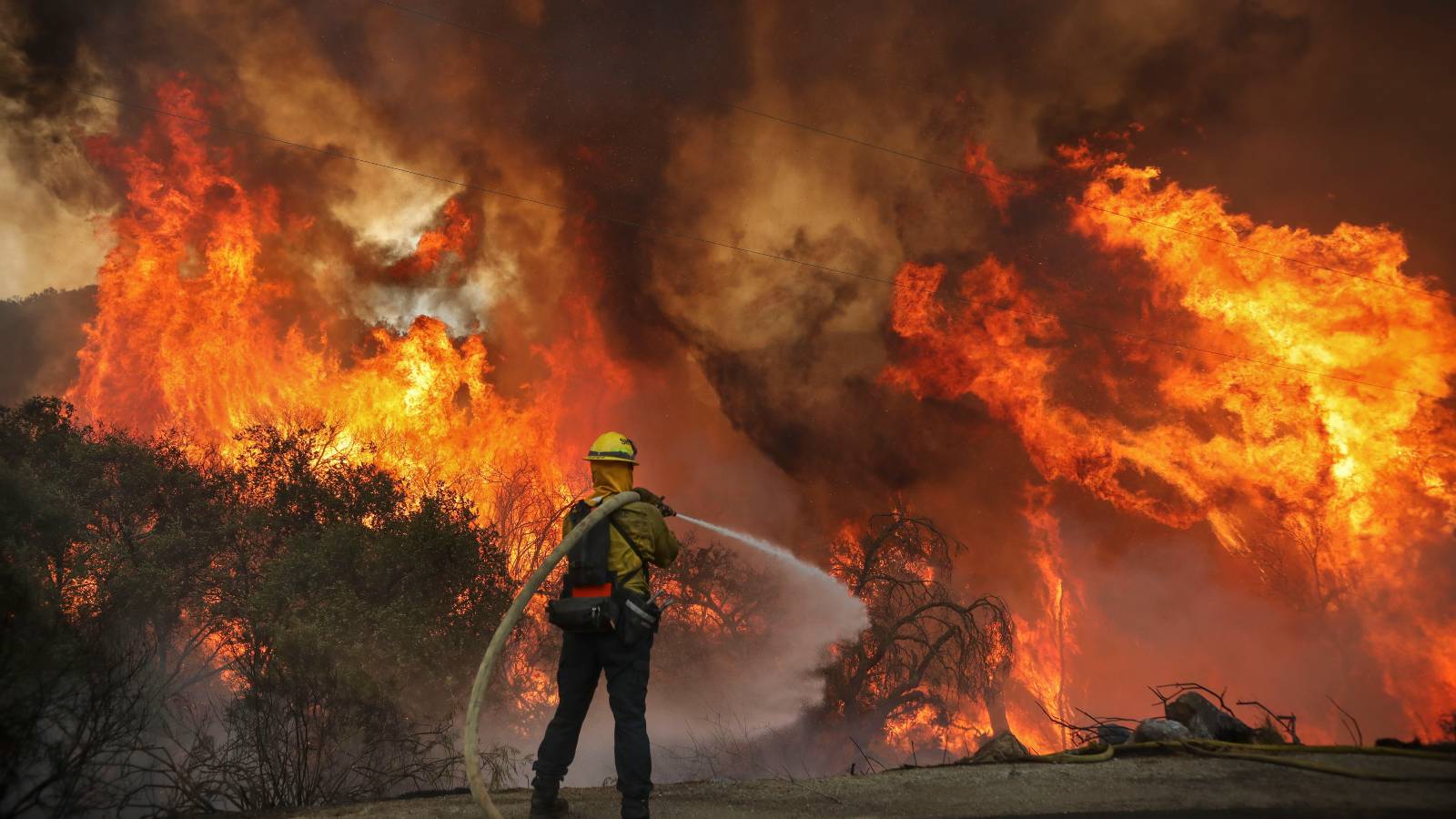 Firefighter fights wildfire blaze in San Miguel County, California.