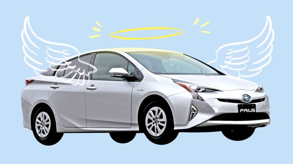 Toyota Prius car with hand drawn angel wings and halo
