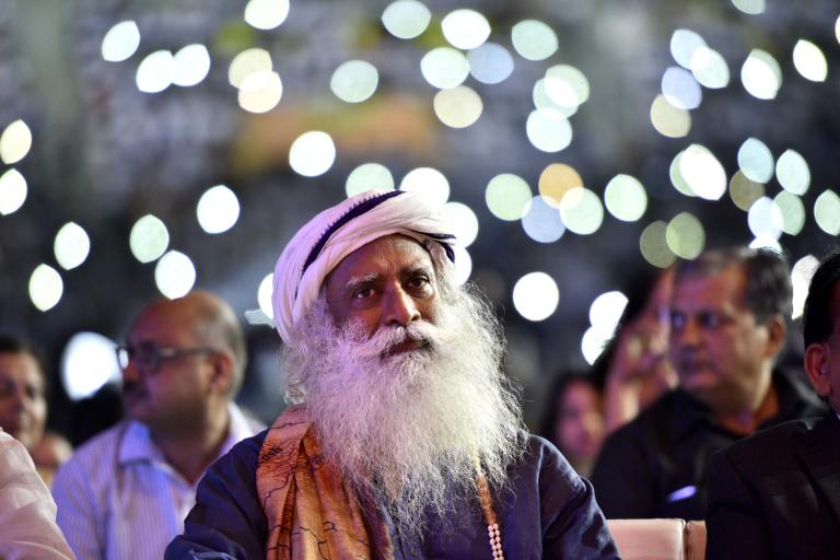 Spiritual leader Sadhguru Jaggi Vasudev during the "Rally for Rivers" campaign started by Isha Foundation, at Indira Gandhi Indoor Stadium, on October 2, 2017 in New Delhi, India. The spiritual leader Sadhguru is leading ‘Rally for Rivers’ since September 3. This campaign, after covering 16 states and 23 events in major cities and traveling 8,000 km, concluded in Delhi on October 2 with the submission of a draft policy for the conservation of rivers.