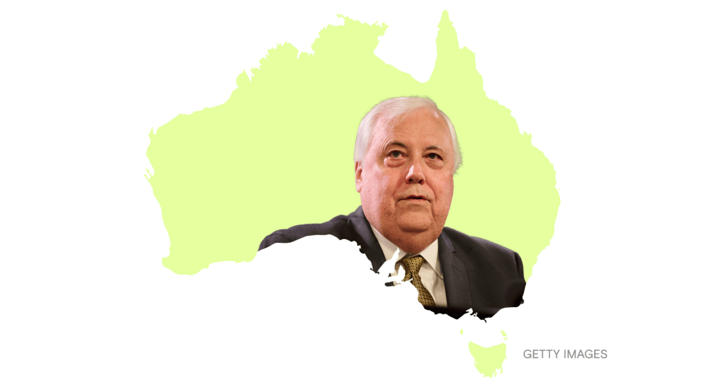 A map of Australia containing a photograph of Clive Palmer