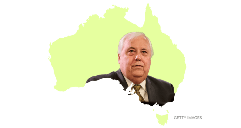 A map of Australia containing a photograph of Clive Palmer