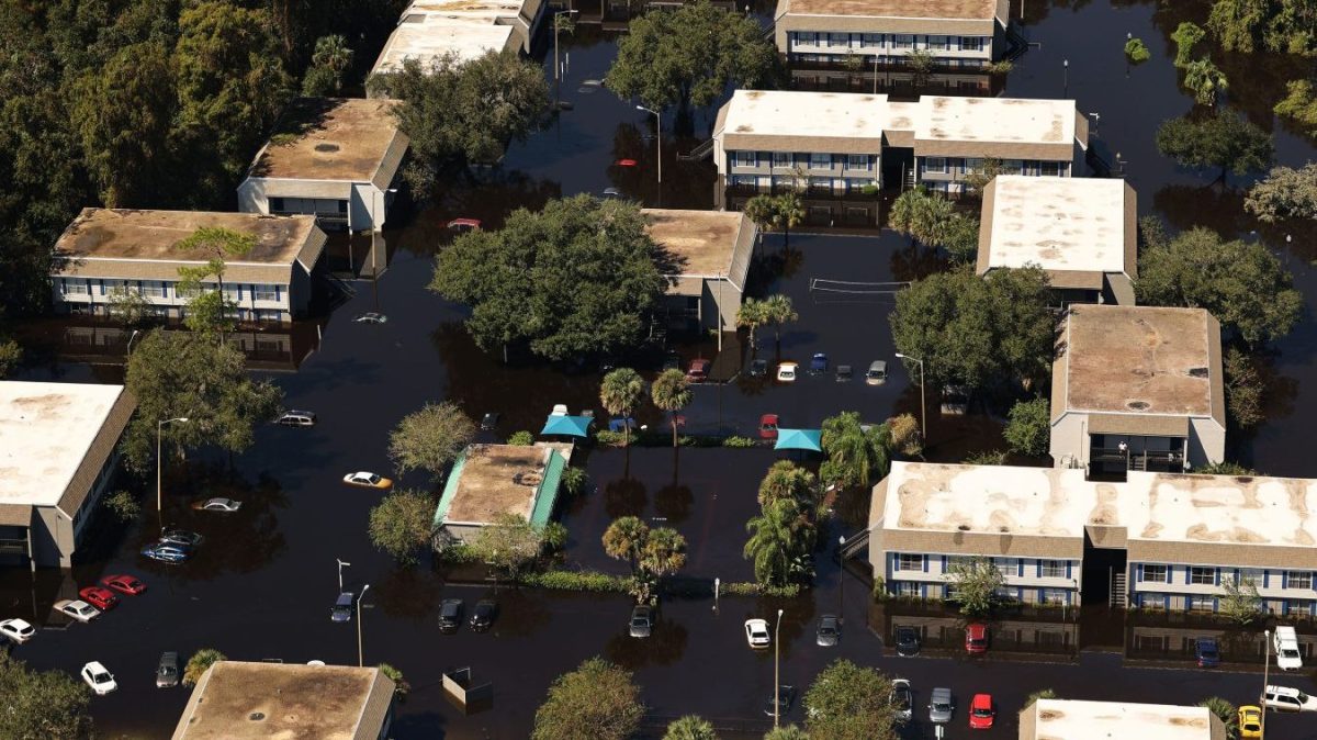 an aerial image shows flood damage in apartment complex in Orlando Florida after Hurricane Ian in September, 2022.