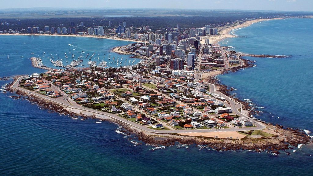 Aerial view of Punta del Este surrounded by water