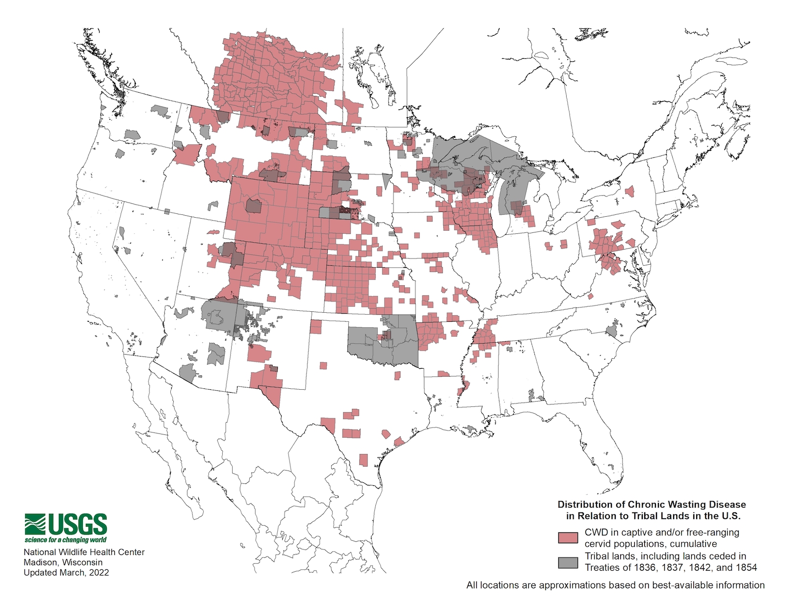 a map of the US with colors blocked out in red and purple to indicate chronic wasting disease