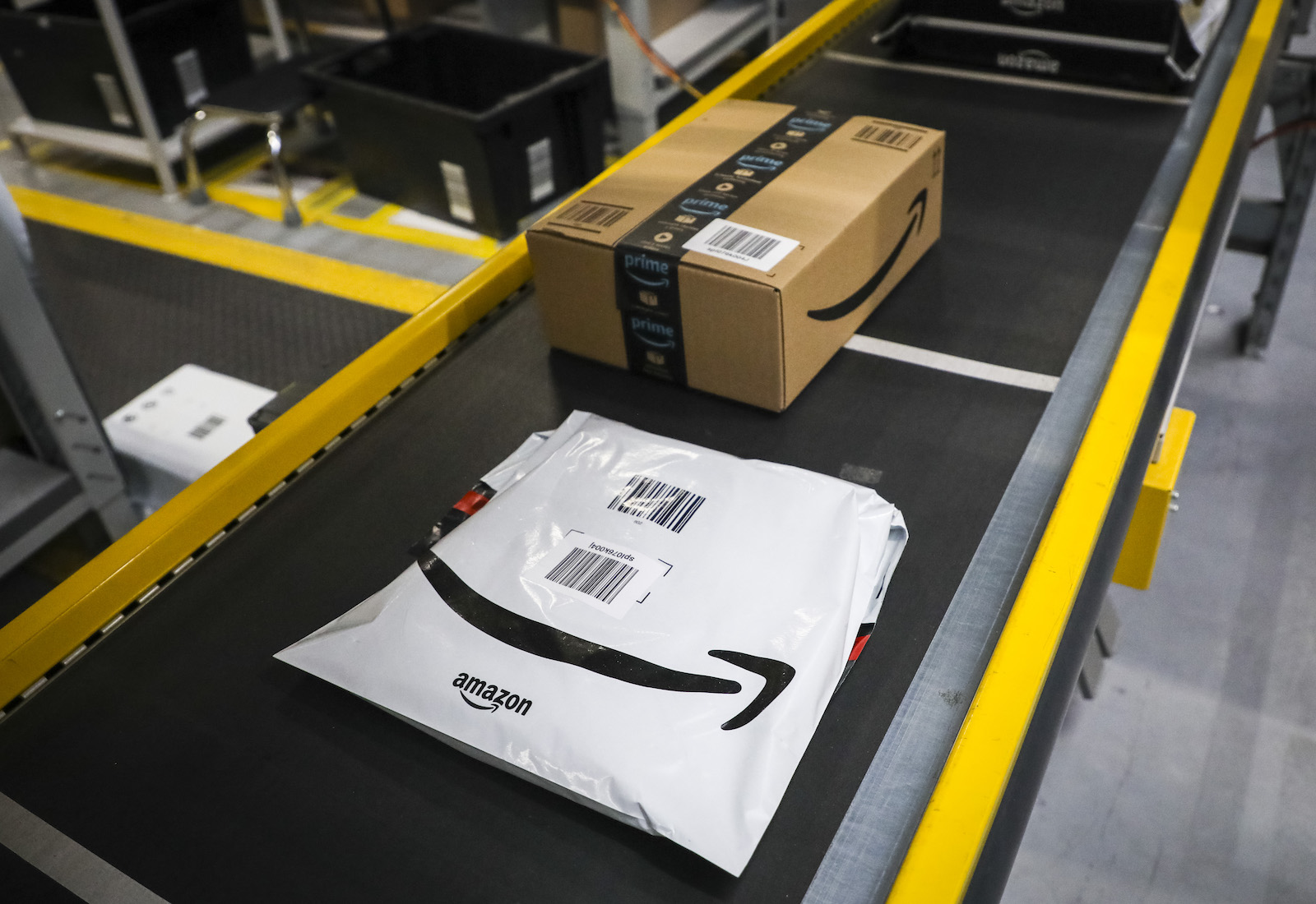 Amazon packages on a conveyor belt