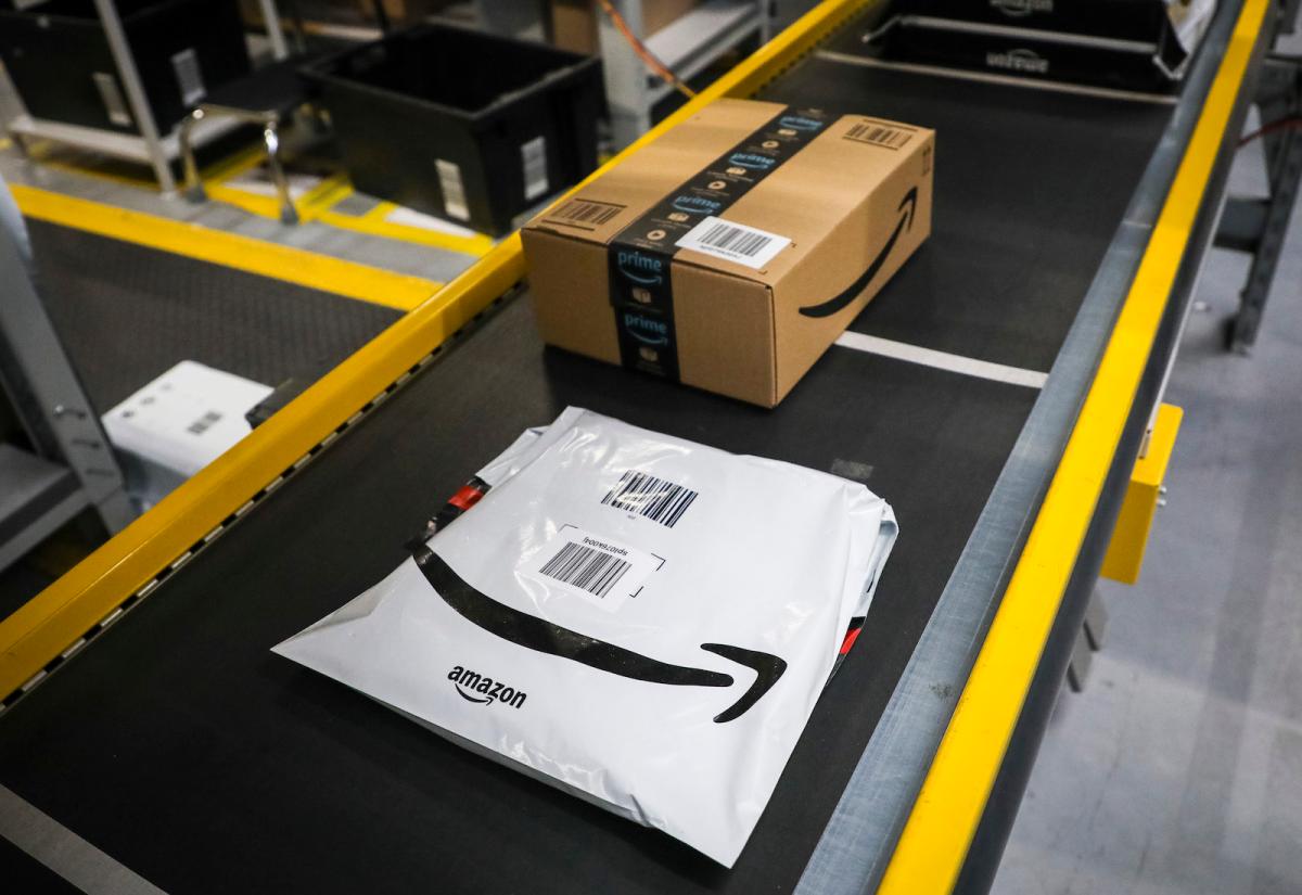 Amazon packages on a conveyor belt