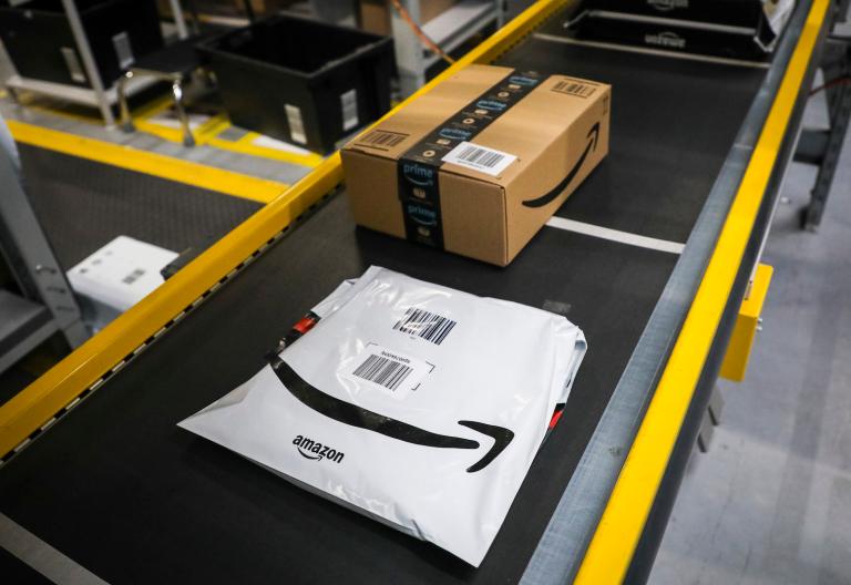 Amazon packages on a conveyor belt