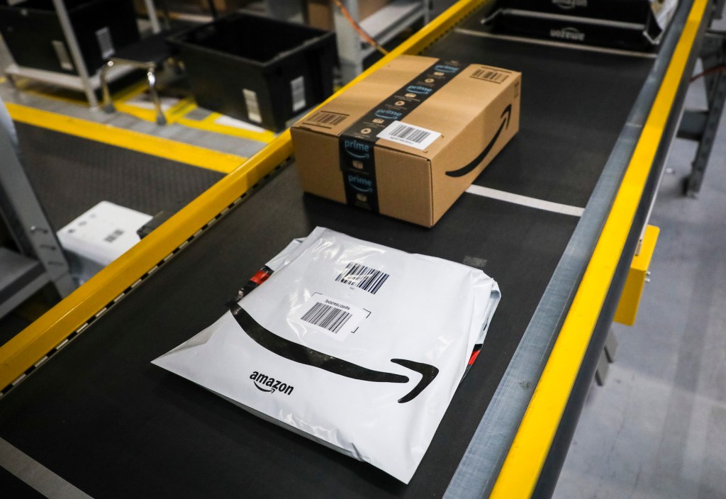 Amazon packages on a conveyor belt