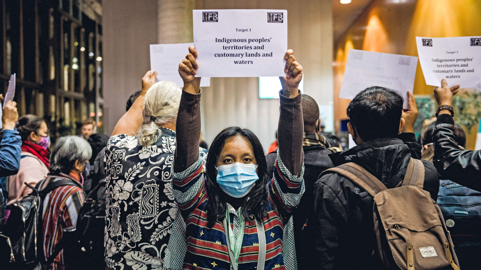 Indigenous person wearing a face mask standing in a crowd, holding sign at a protest at the UN biodiversity conference