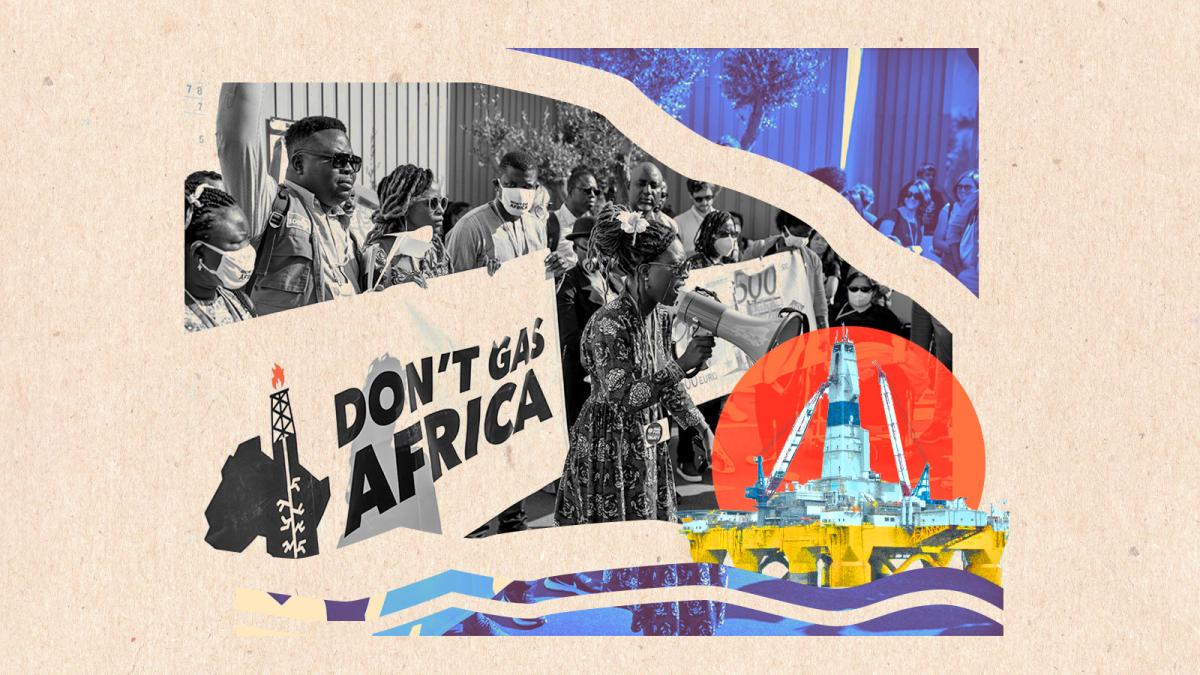 Collage: activists from "Don't Gas Africa" protesting at COP27; an offshore oil rig