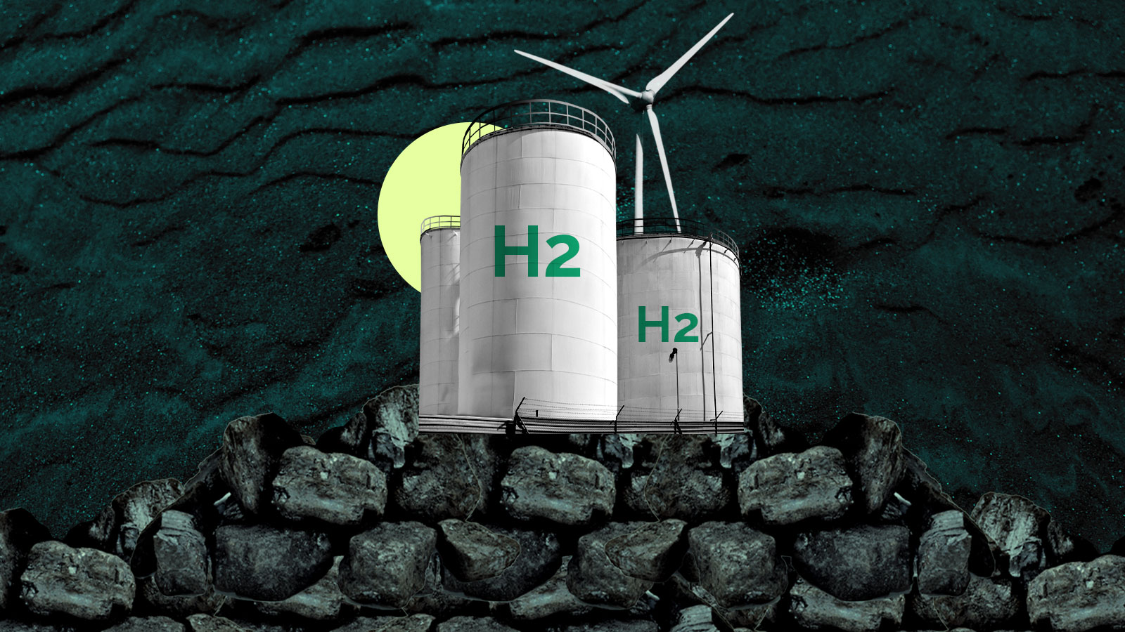 Collage: hydrogen factory and wind turbine on mountain of coal with ominous dark background
