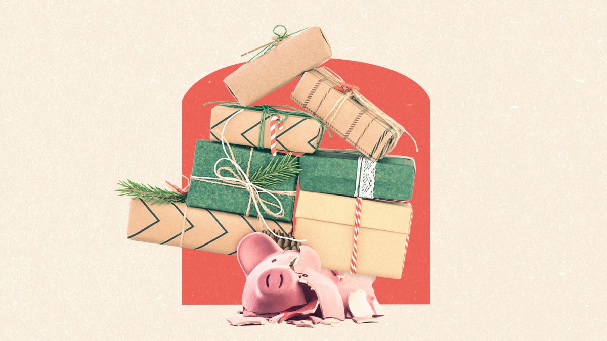 Collage: a smashed piggy bank with a stack of wrapped gifts on top of it