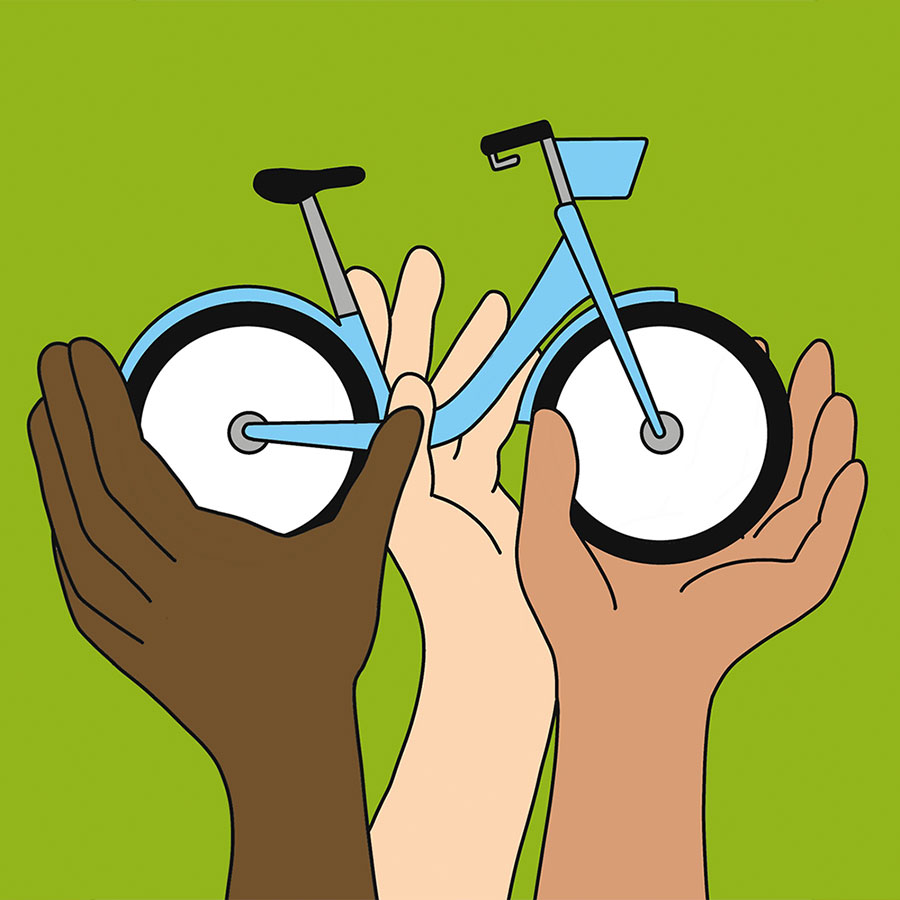 Illustration of hands holding up a blue electric bike