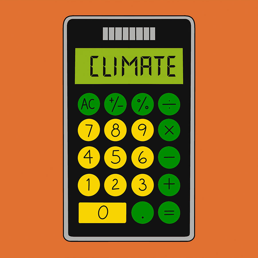 Illustration of a calculator with the screen spelling out the word "CLIMATE"