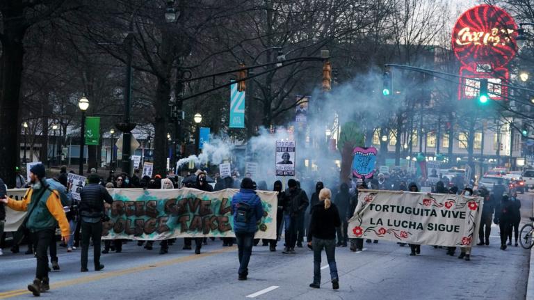 Demonstrators protest the death of environmental activist Tortuguita on January 21 in Atlanta, Georgia.