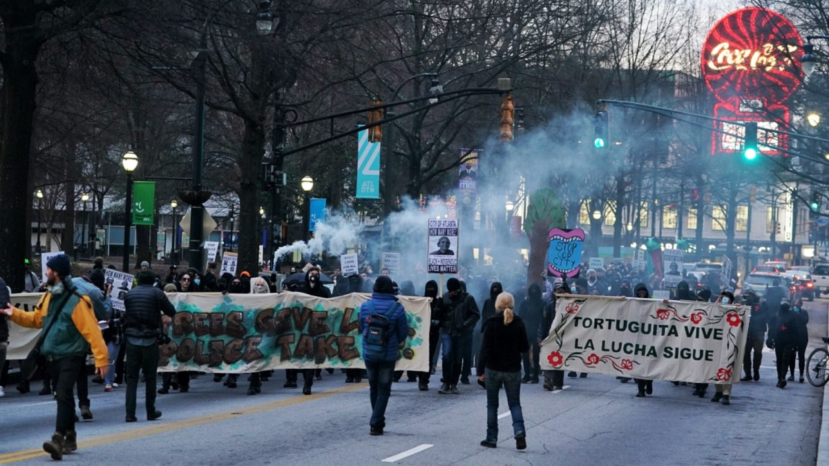 Demonstrators protest the death of environmental activist Tortuguita on January 21 in Atlanta, Georgia.