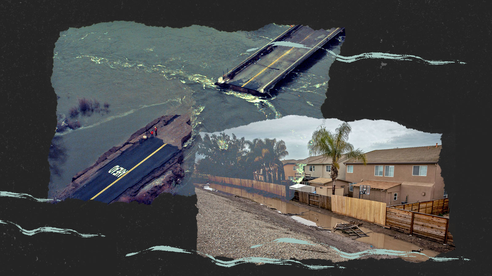 Collage: collapsed bridge over San Joaquin River in 1997 and flooded houses in Stockton in 2023; paintbrush strokes across top of image