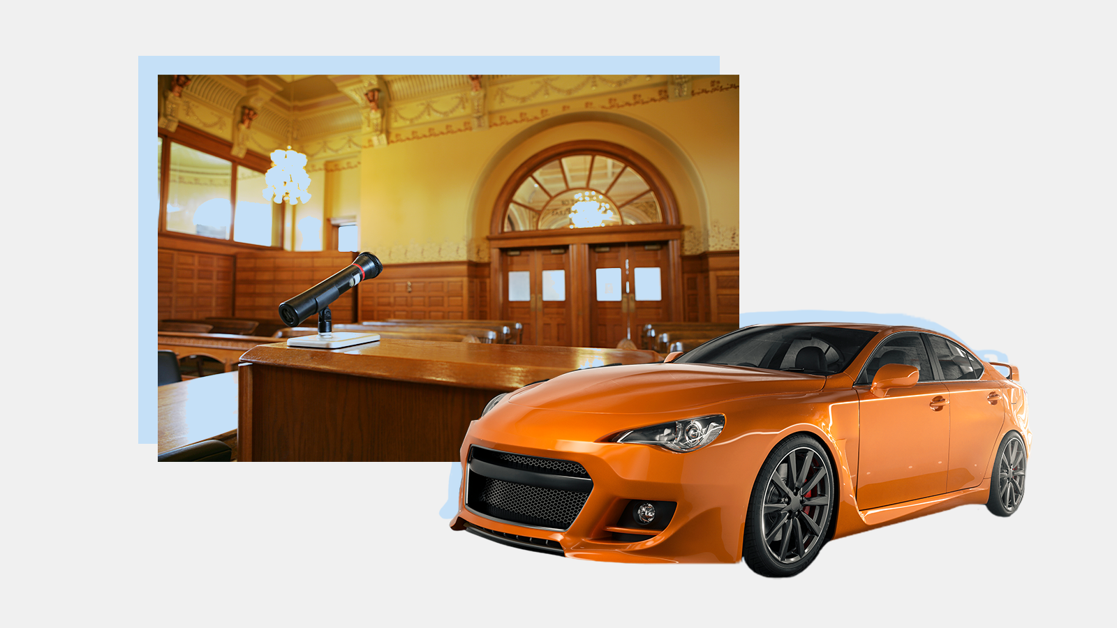 orange car in front of a courtroom